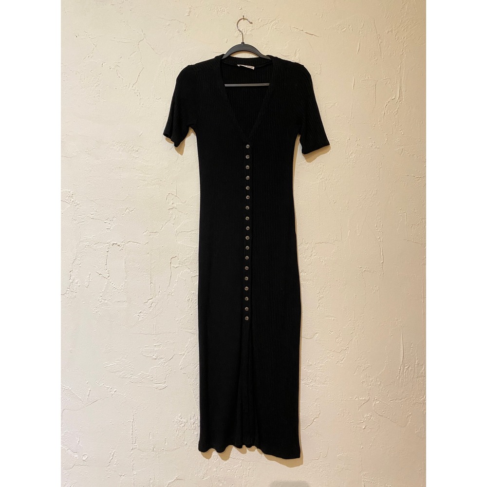 Reformation Neada Button Front Dress Women Medium Black Ribbed Knit Midi